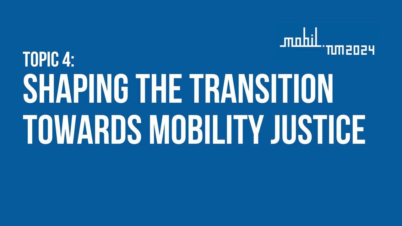 White lettering "Shaping the transition towards mobility justice" on blue background