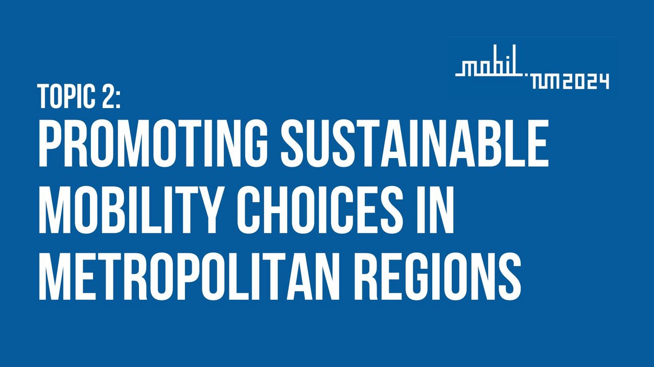 White lettering "Promoting sustainable mobility choices in metropolitan regions" on blue background